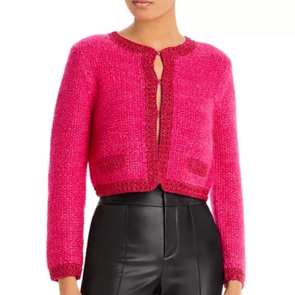 NWT Alice and Olivia Noella Sequin Embellished Bouclé Cardigan in Pink Size S - Picture 1 of 9